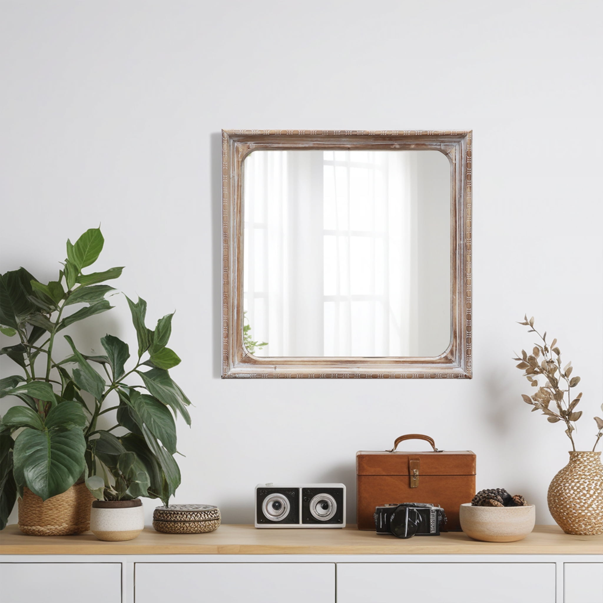 Rustic Brown Square Wood Framed Decorative Mirror, 23.6 x 23.6 Inches