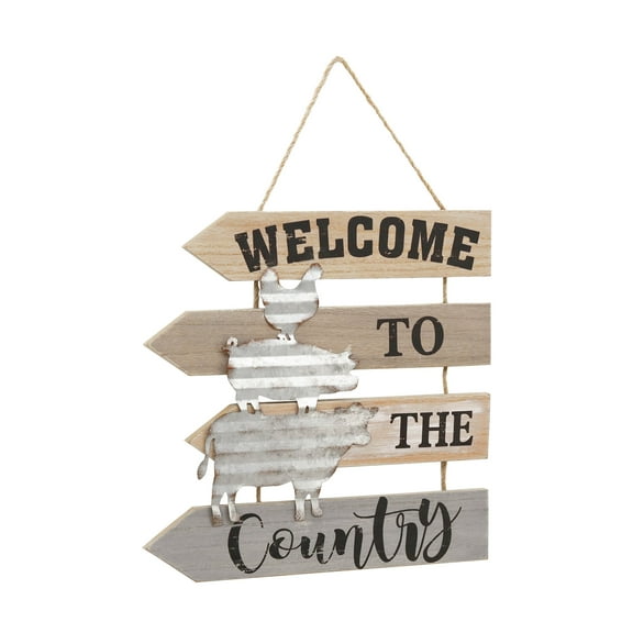 Parisloft Welcome to the Country Farmhouse Rustic Wood and Metal Wall Hanging Decor, 11.875"W x 11.5"H