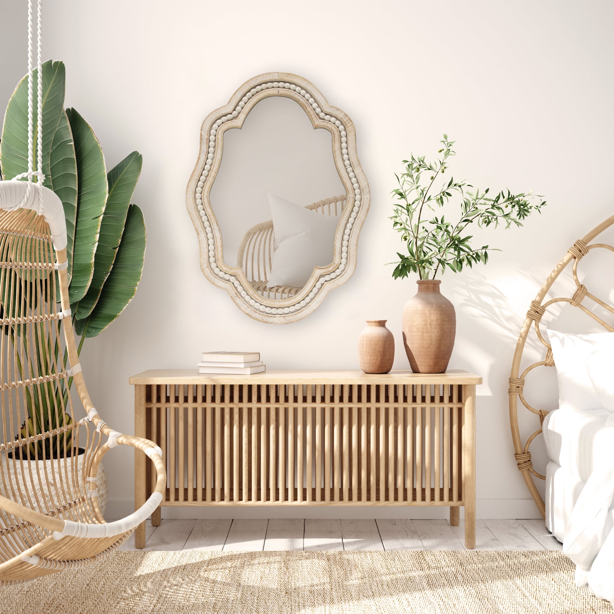 Parisloft Whitewash Beaded Scalloped Wood Wall Mirror, Irregular