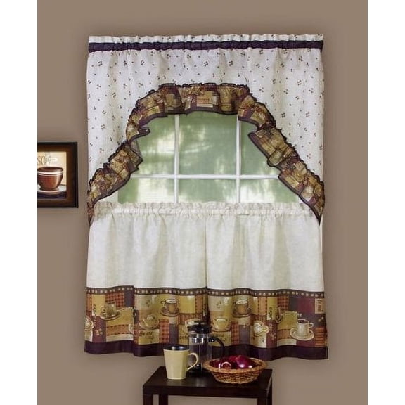 Park Avenue Collection Coffee - Printed Tier and Swag Set - 57x24 Tier Pair/57x30 Swag - Multi