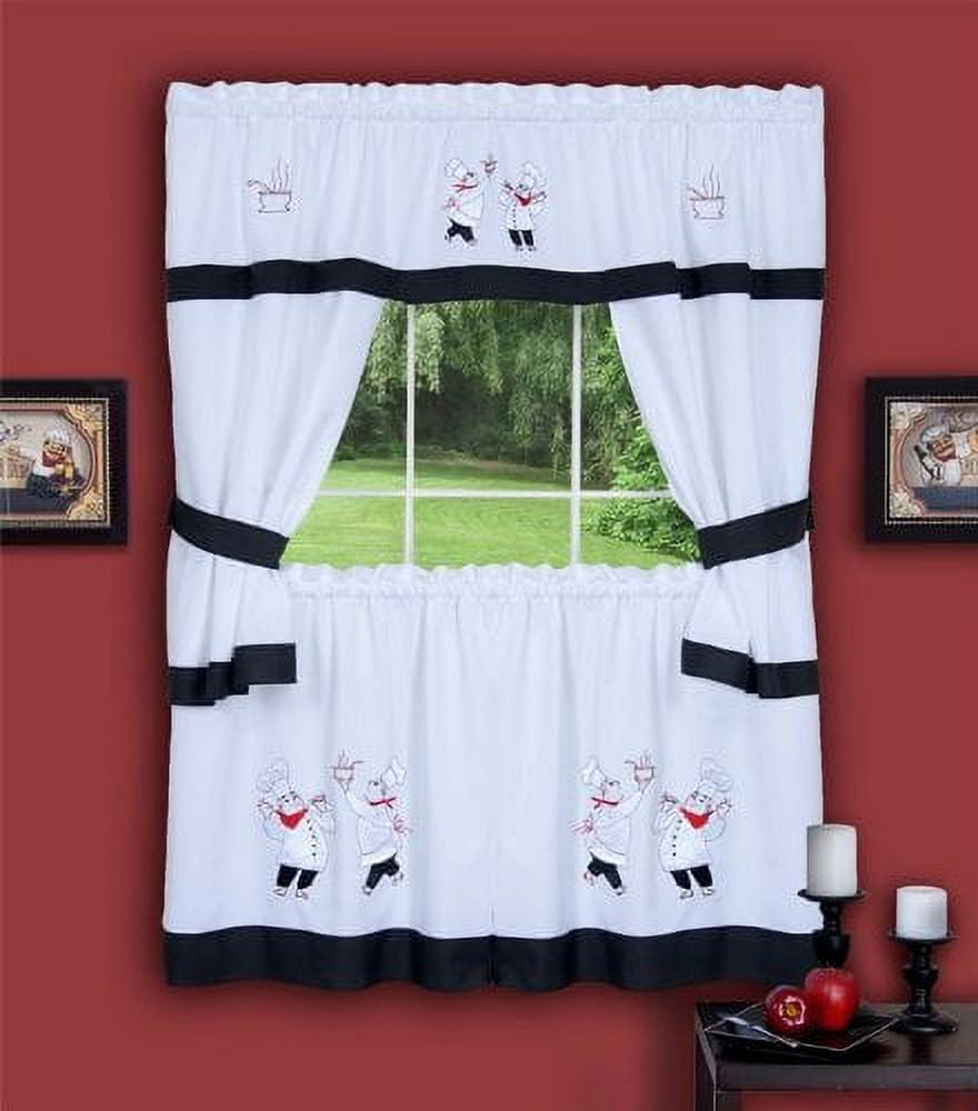 Black and White Faux Silk Embellished Kitchen Curtain Set