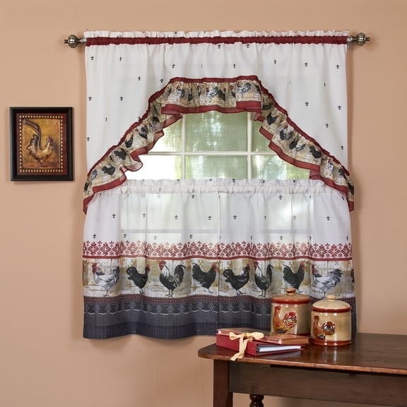 Park Avenue Collection Rooster Printed Tier and Swag Set - 57x24 Tier Pair/57x30 Swag - Burgundy