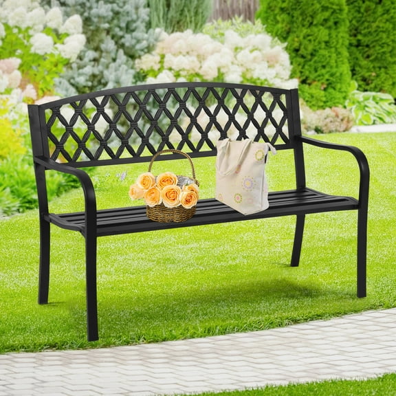 Park Bench Garden Bench Metal Bench, 400lbs Outdoor Porch Bench with Armrests Sturdy Steel Frame Furniture, 50 Patio Bench for Park Yard Patio Deck Lawn Work Entryway, Black