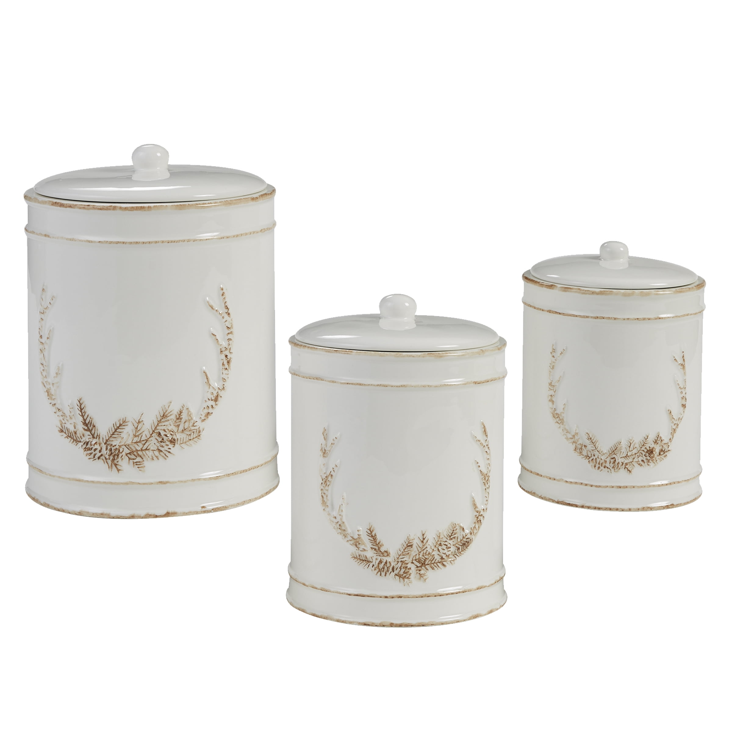 White Ceramic Antler Motif 3-Piece Canister Set