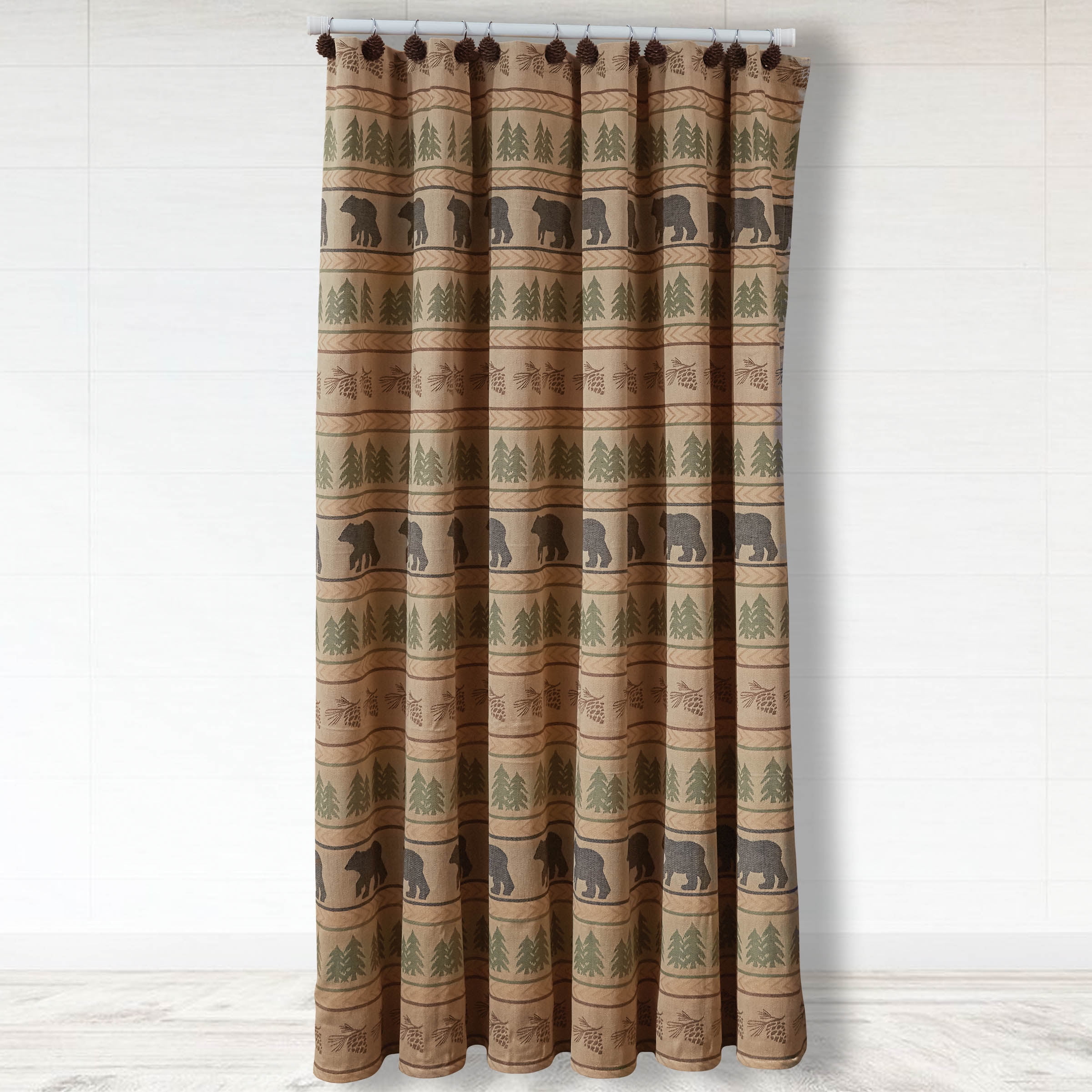 Bear Tracks Tan and Green Cotton Lodge Shower Curtain
