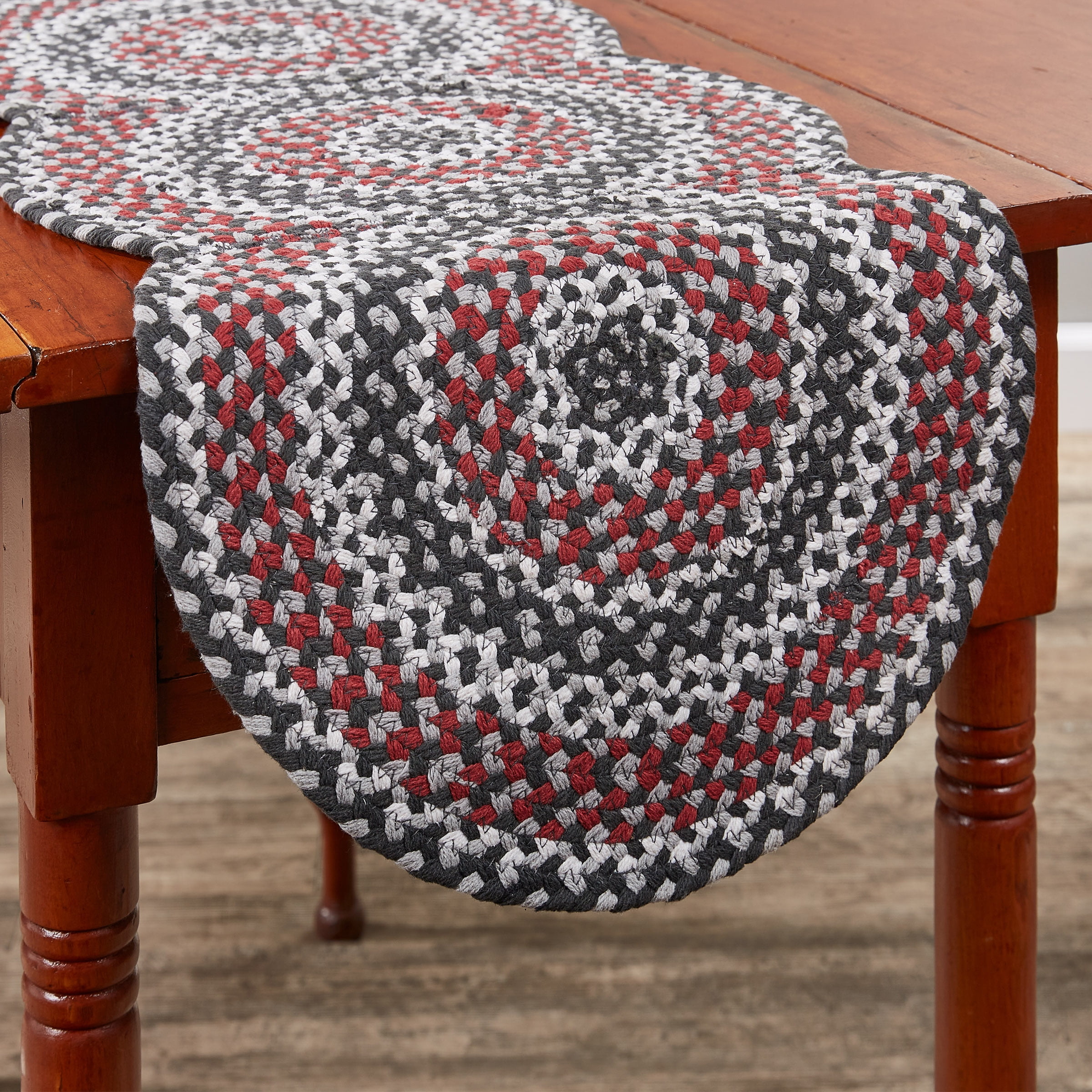 Braided Gray, Red, and White Cotton Table Runner 15" x 34"