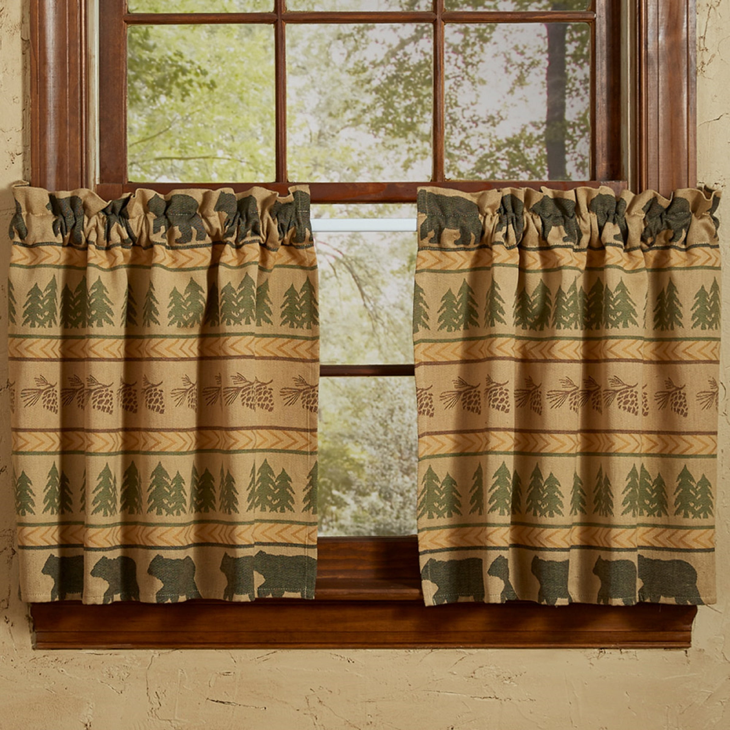 Rustic Bear and Tree Cotton Light-Filtering Window Tiers