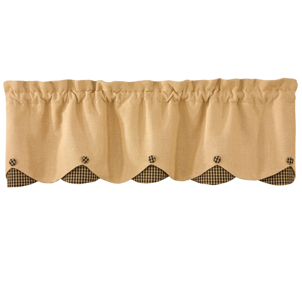 Rustic Burlap and Black Check Scalloped Valance 58" x 15"