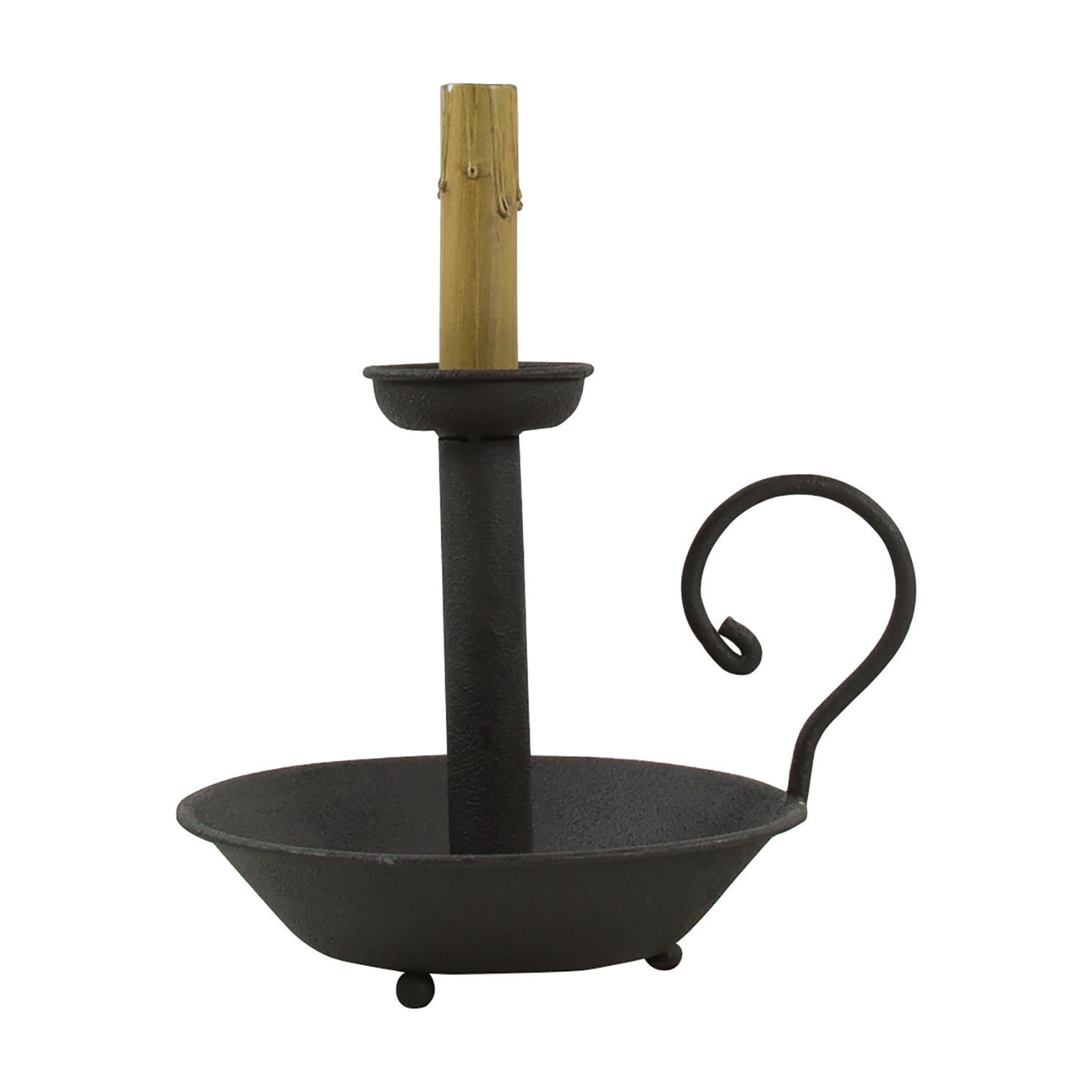 Rustic Black Iron Chamberstick Lamp with Wooden Accent