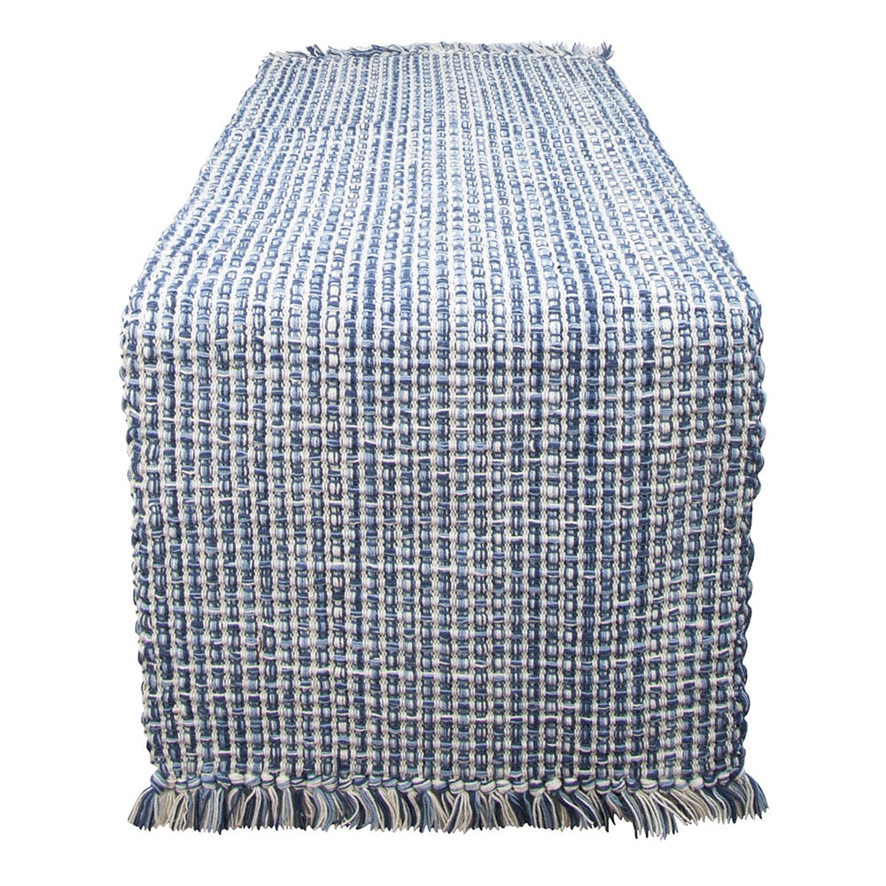 Denim Blue Cotton Tweed Table Runner with Fringed Edges