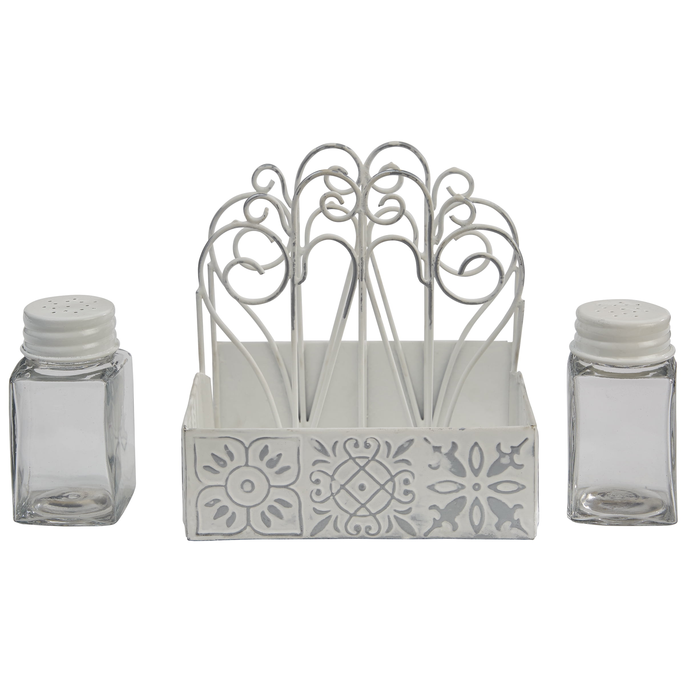 White Distressed Metal Napkin Holder with Glass Salt & Pepper Shakers