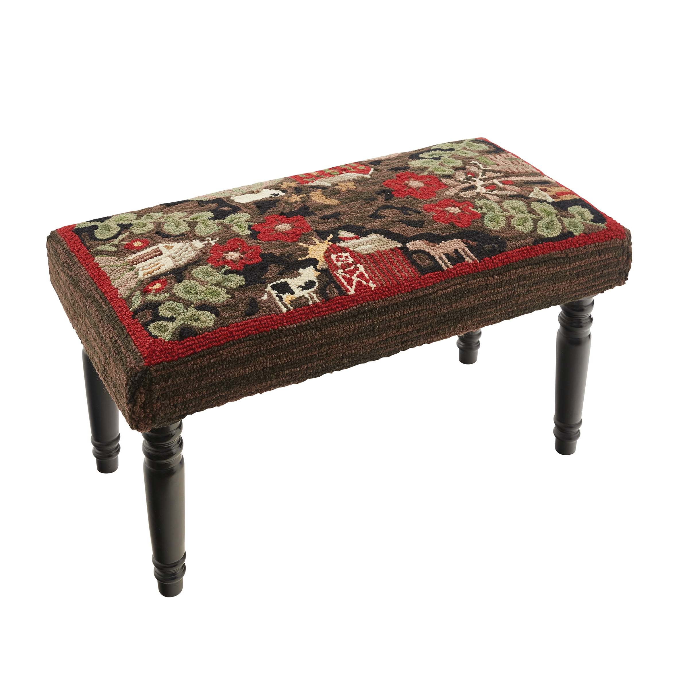Farm Life Hand Hooked Polyester Ottoman Bench