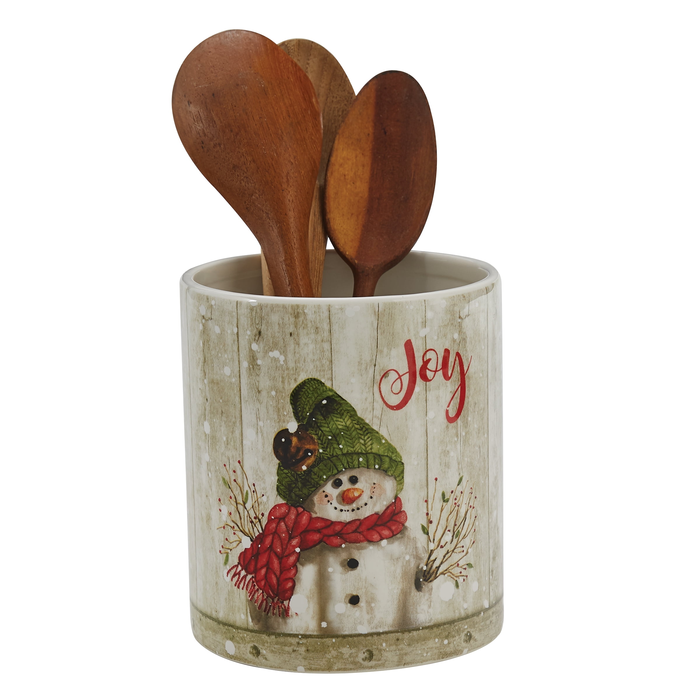 Off-White Ceramic Snowman Christmas Utensil Crock