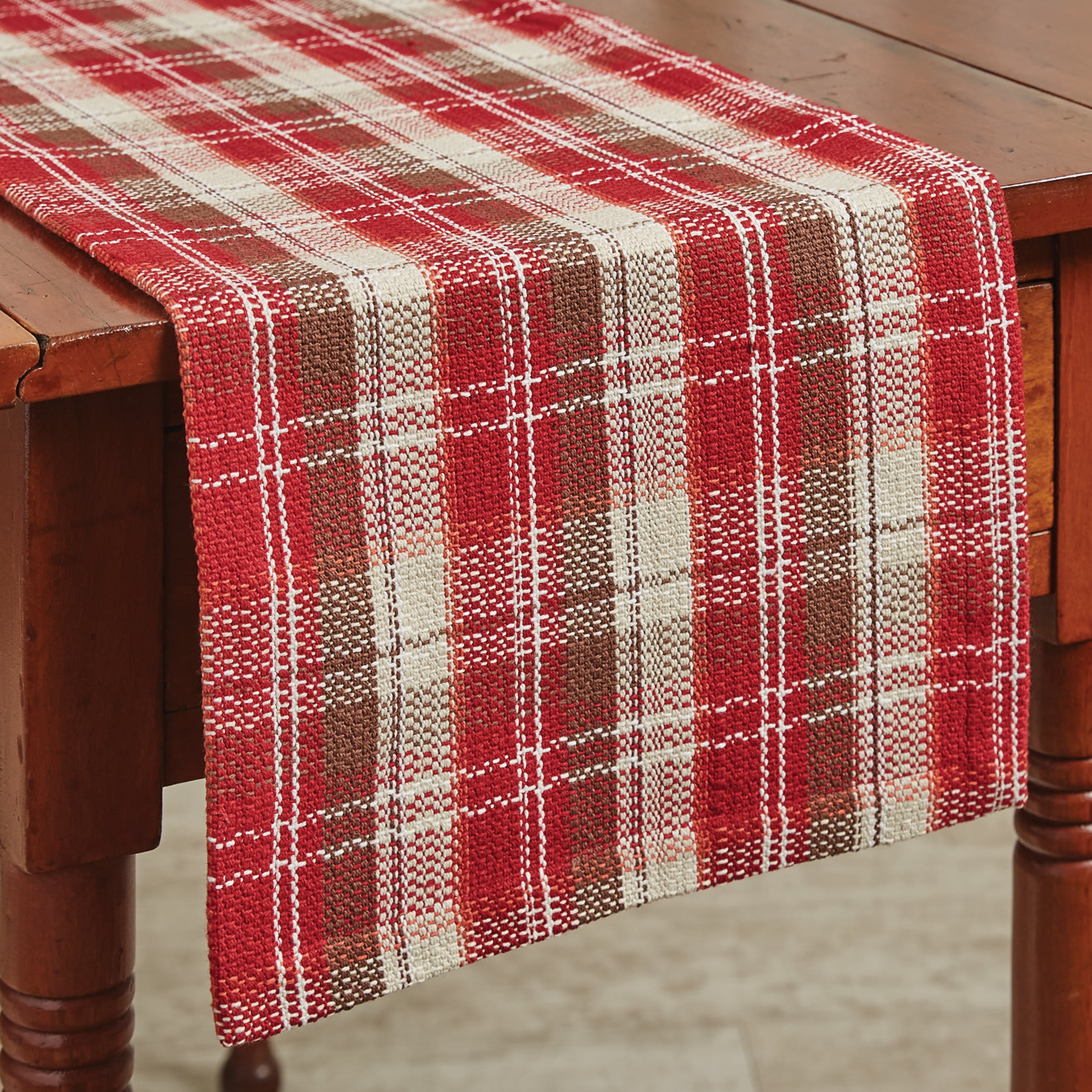 Red and Cream Plaid Cotton Table Runner 13" x 36"
