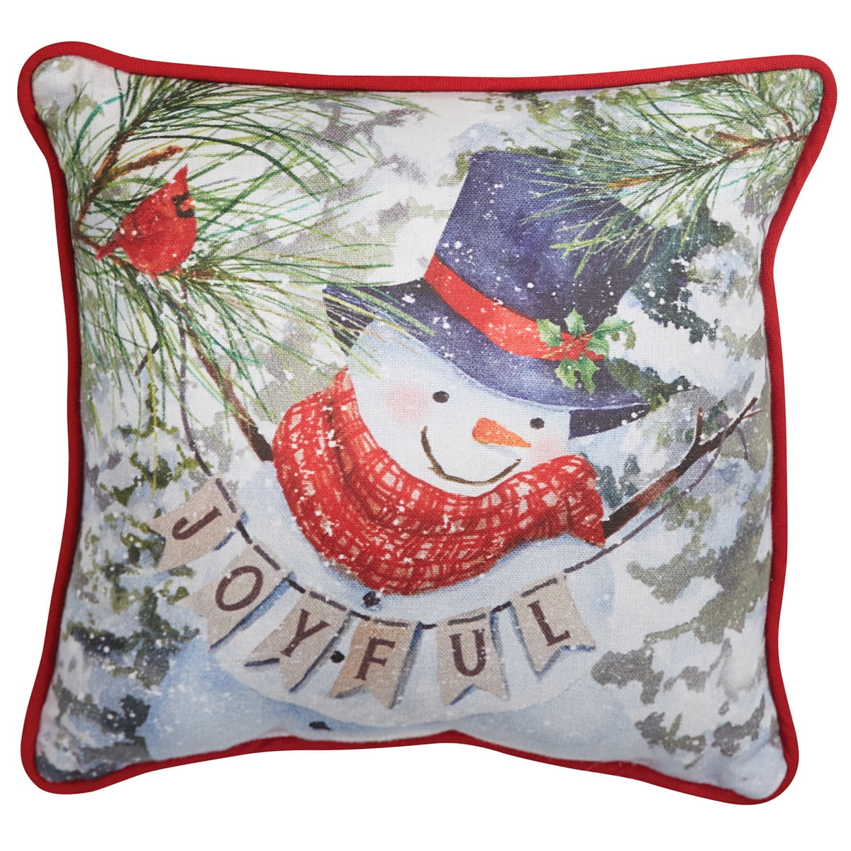 Joyful Snowman Square Holiday Throw Pillow with Red Trim