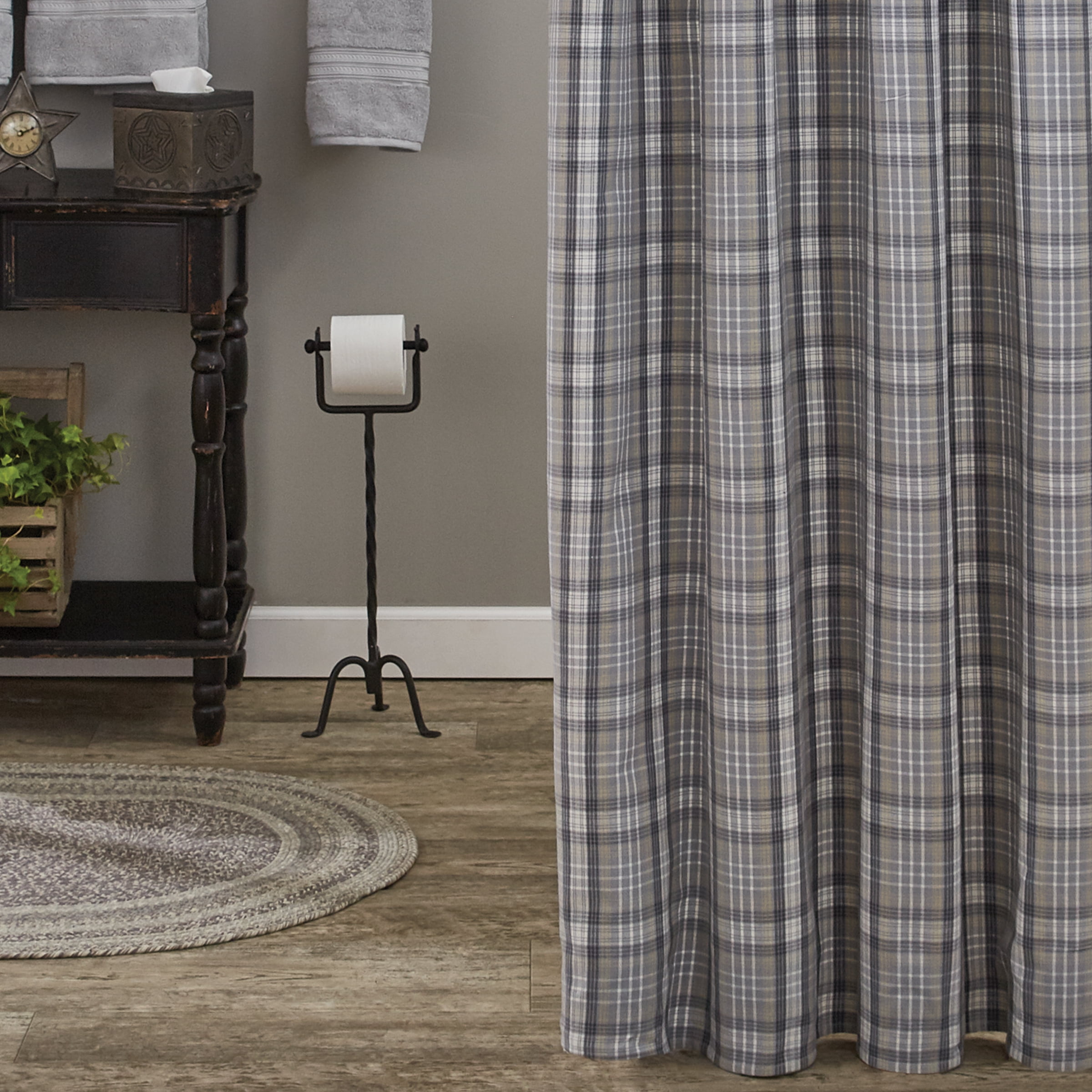 Gray and White Plaid Fabric Shower Curtain with Liner