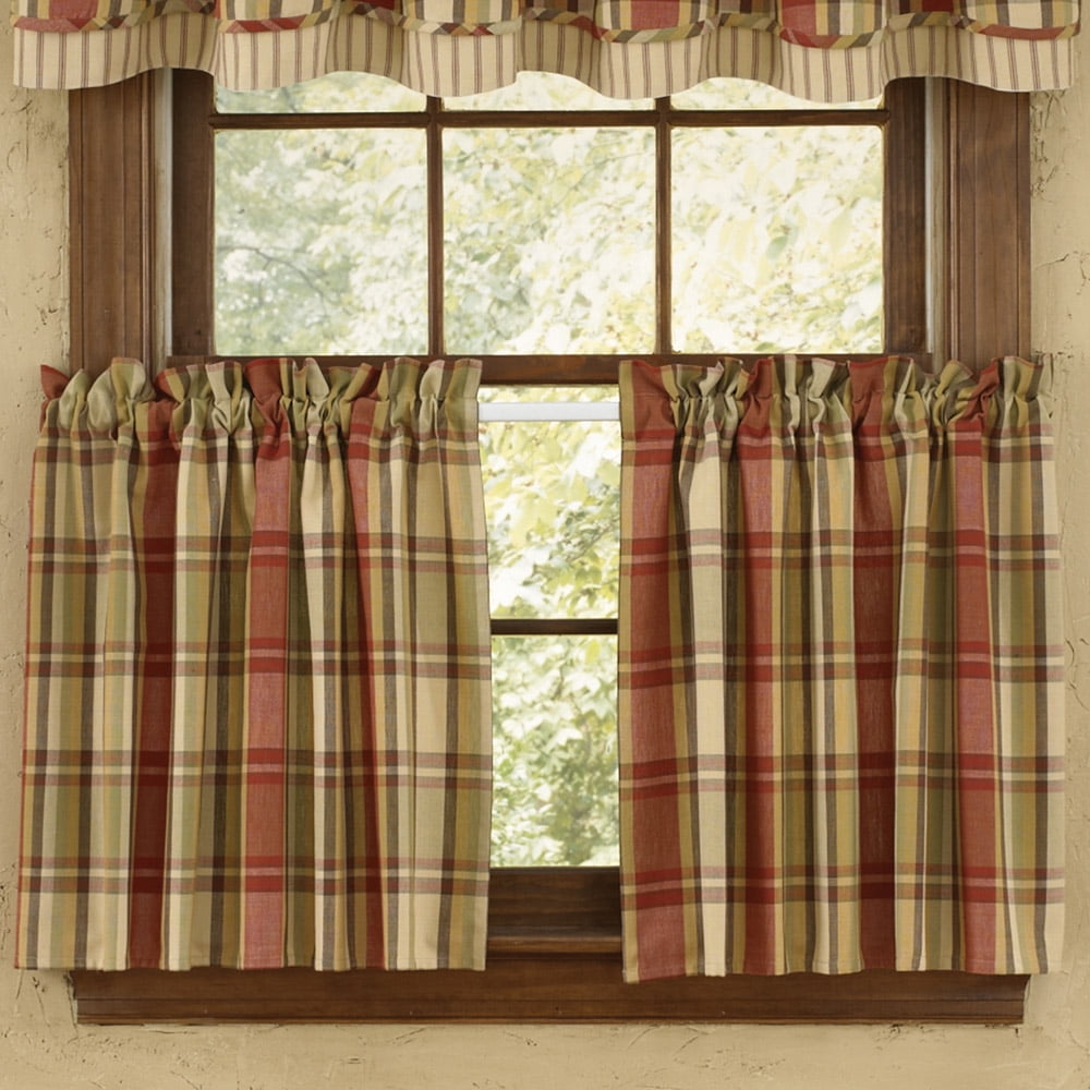Rustic Red and Green Cotton Plaid Kitchen Tier Curtains