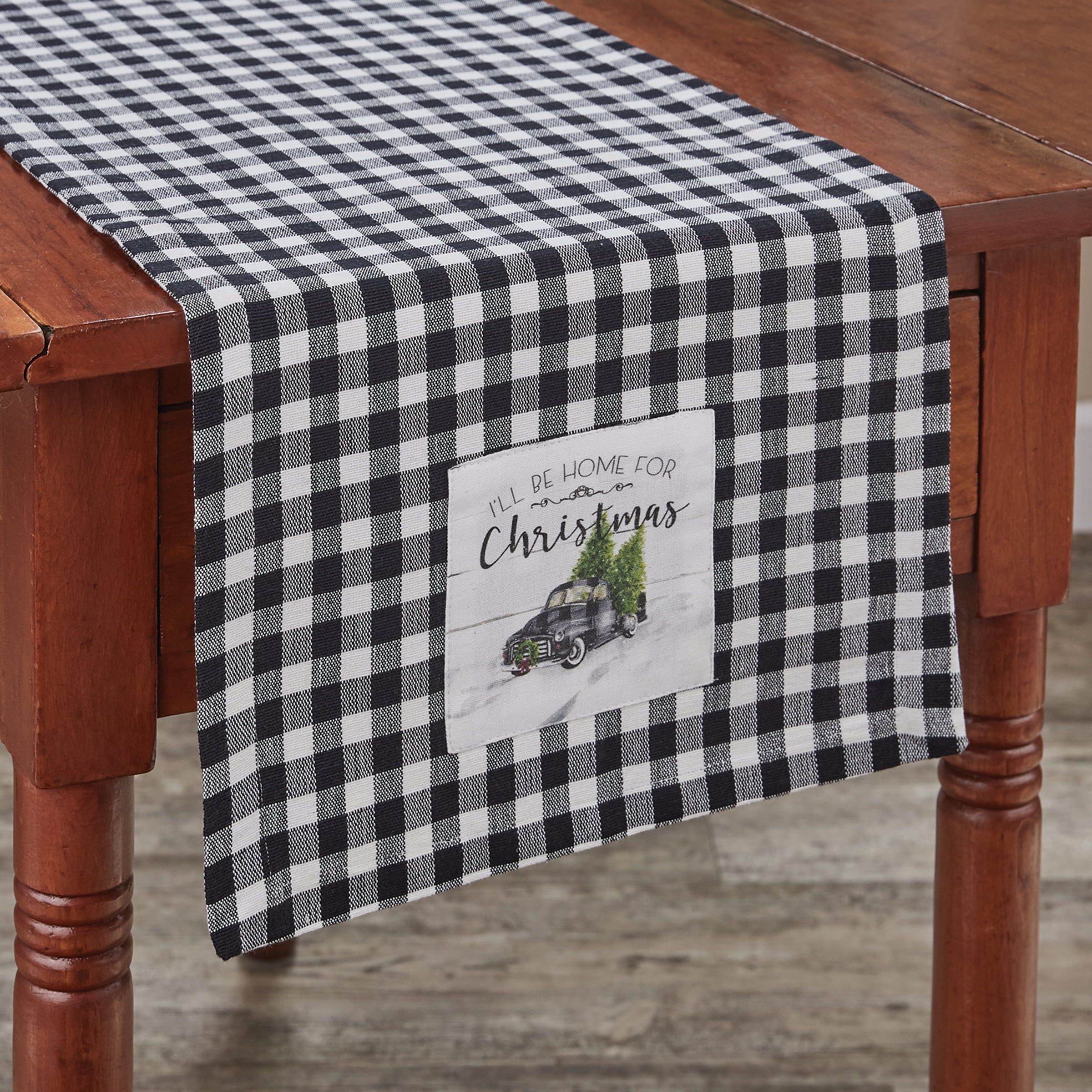 Black and White Cotton Christmas Table Runner with Truck Design