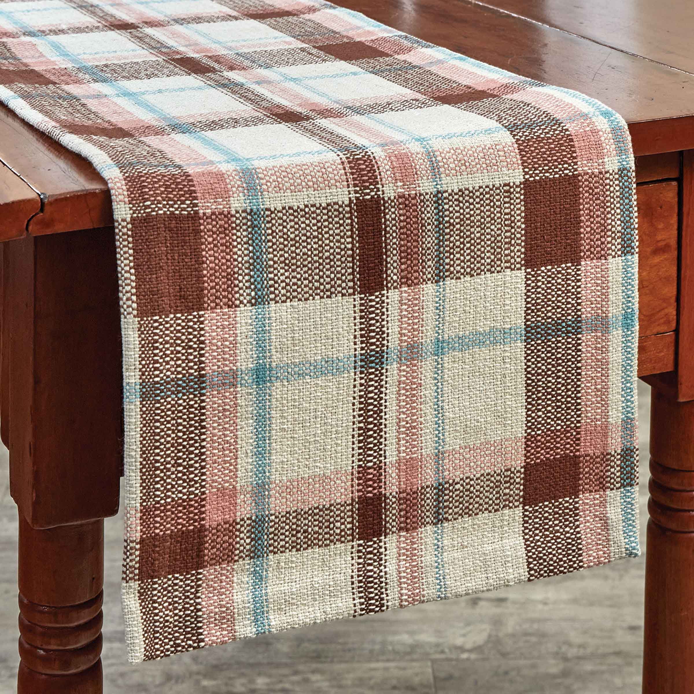 Rustic Cotton Plaid Table Runner in Brown and Pink, 13" x 36"