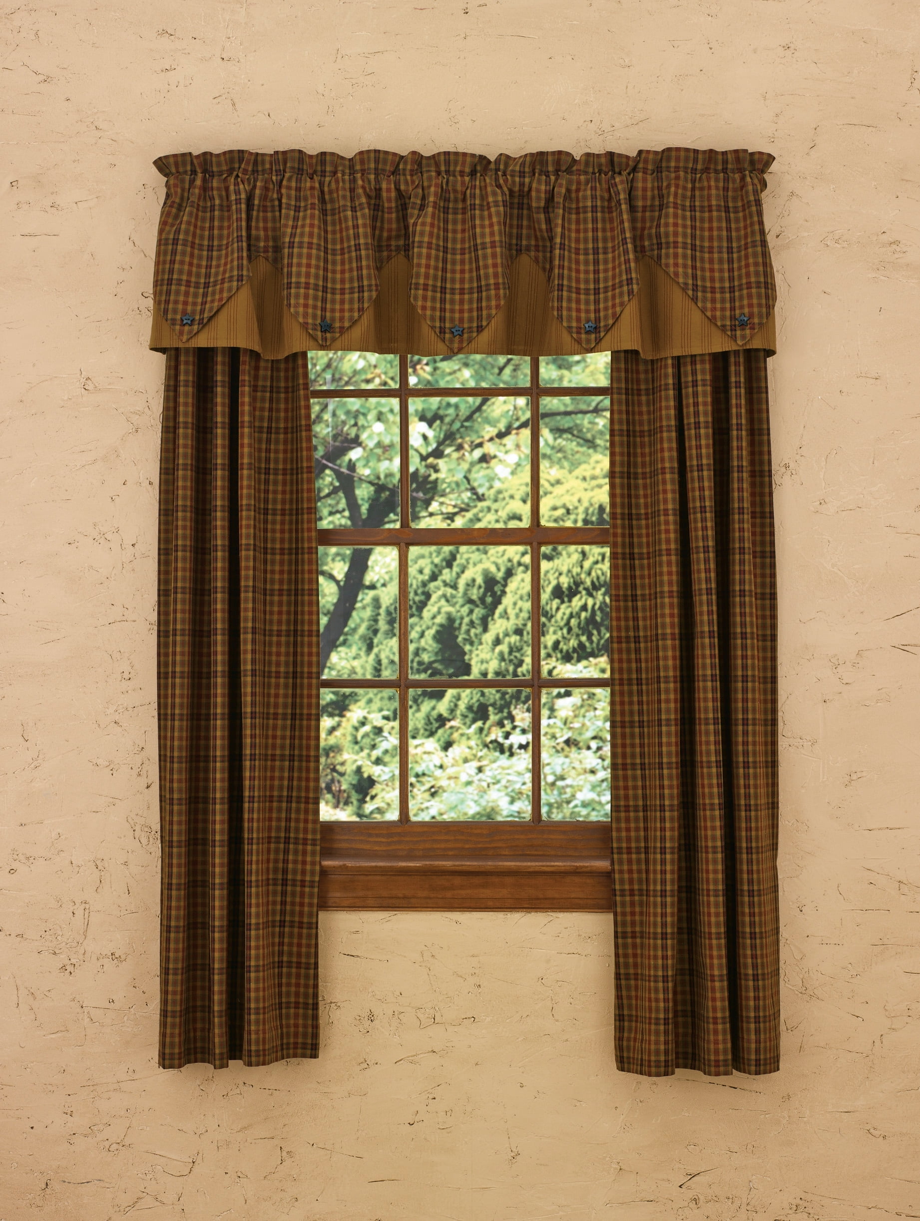 Primitive Spice Plaid Rod Pocket Valance with Black Star Buttons