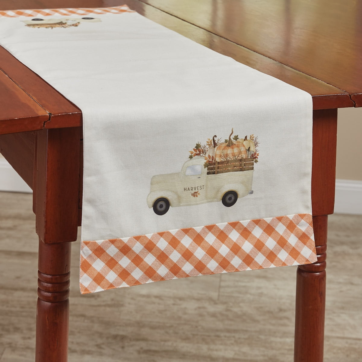 Rustic Fall Cotton Table Runner with Pumpkin Truck Design