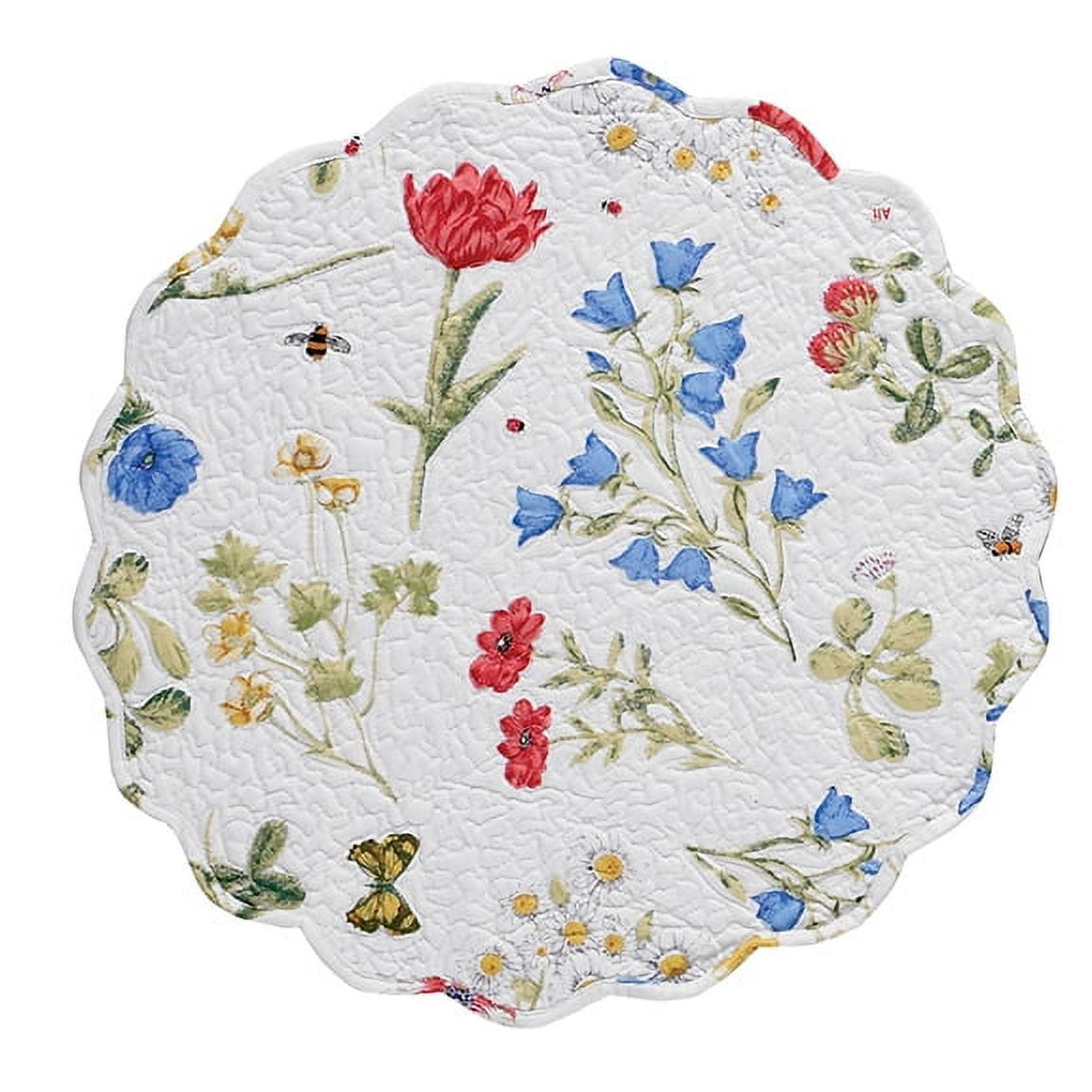 Wildflower Placemats Set Of 6 - Round Cotton Placemats With Bee & Butterfly Design, 17 Inch