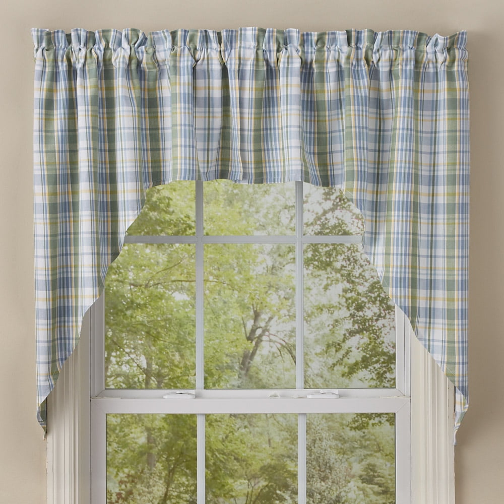 Blue and White Cotton Plaid Light-Filtering Kitchen Swag Curtain