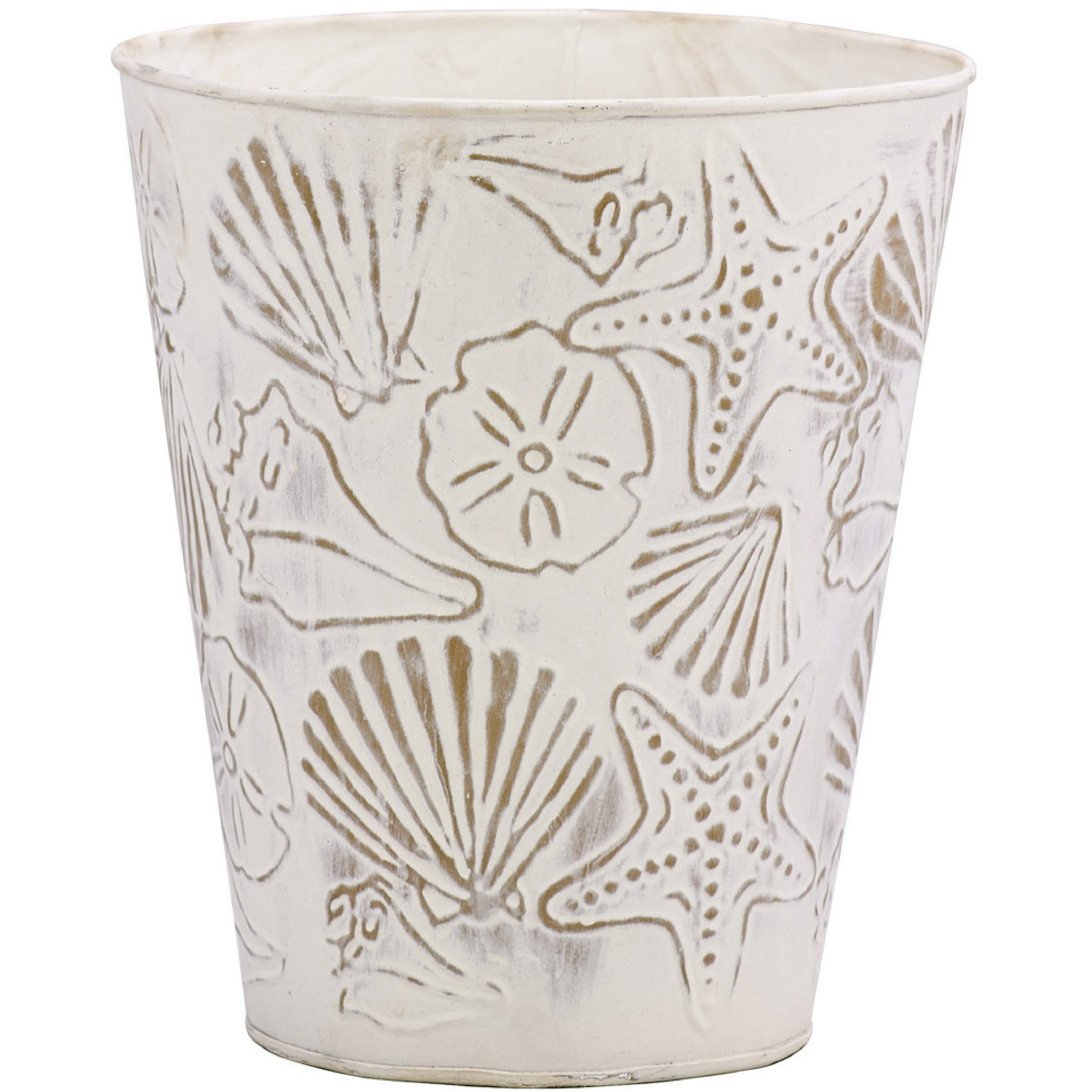 Distressed White Iron Sea Shells Waste Basket - 10"H x 9"D