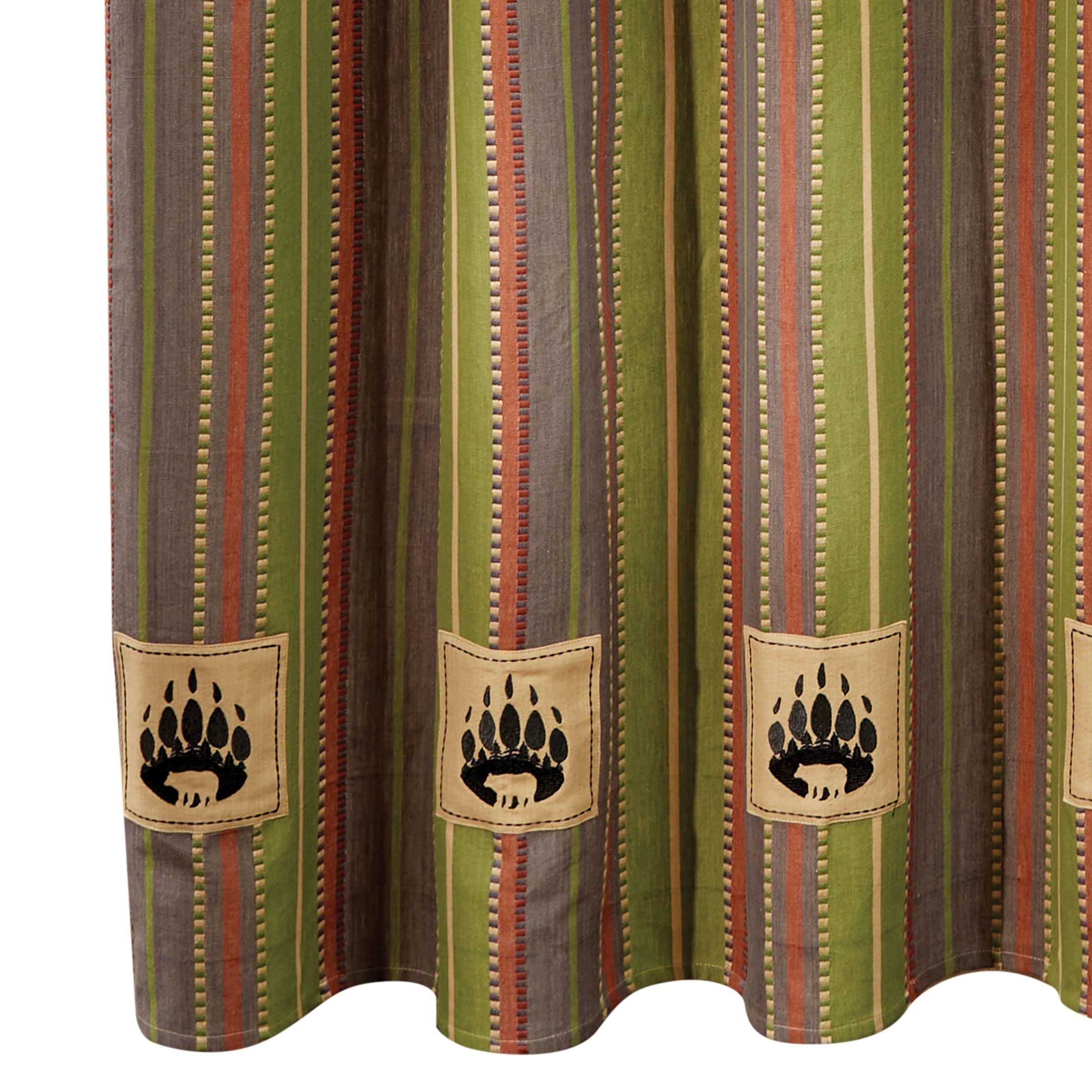 Rustic Green and Brown Fabric Shower Curtain with Bear Patch 72" x 72"