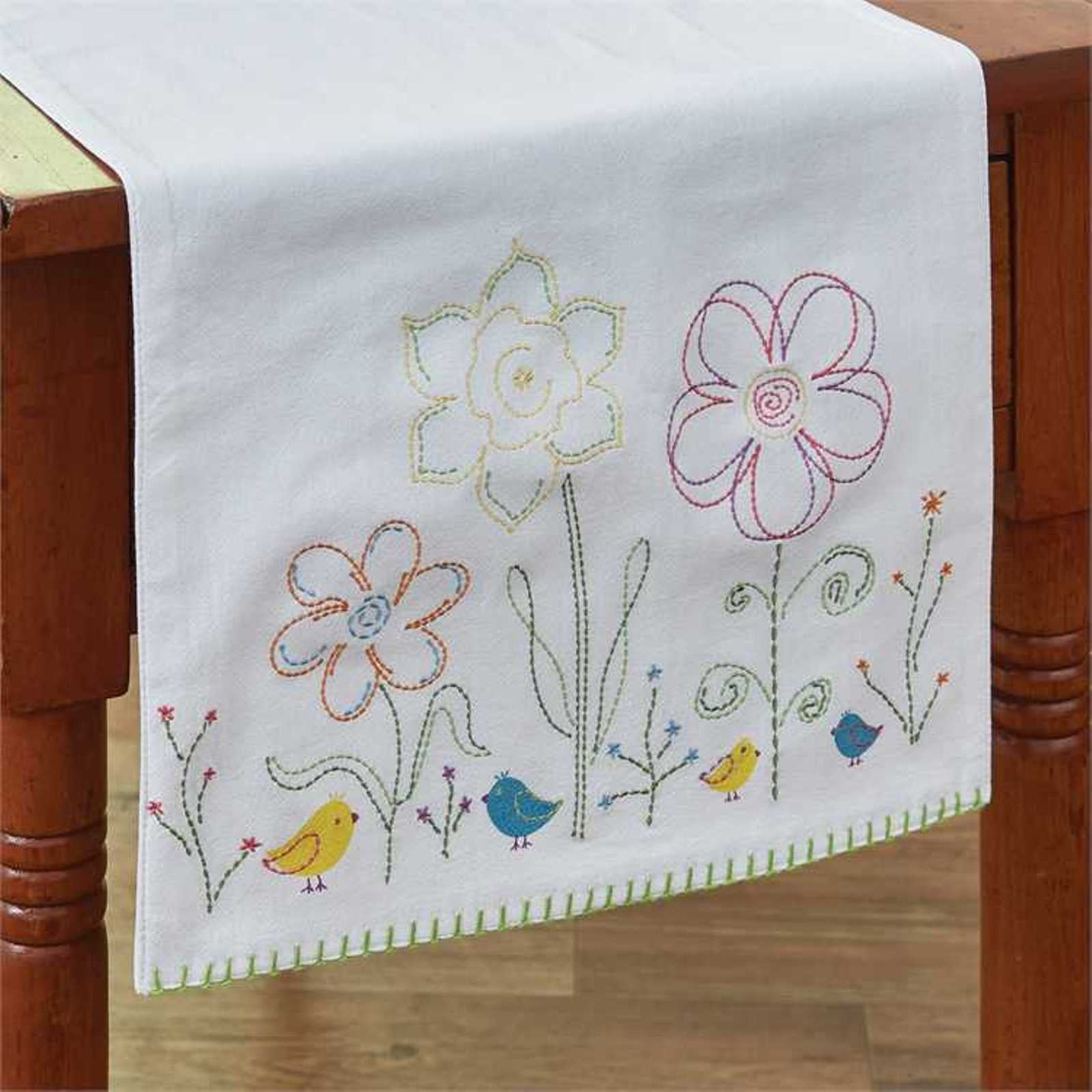 Spring Flowers Chicks Bluebirds Embroidered Table Runner