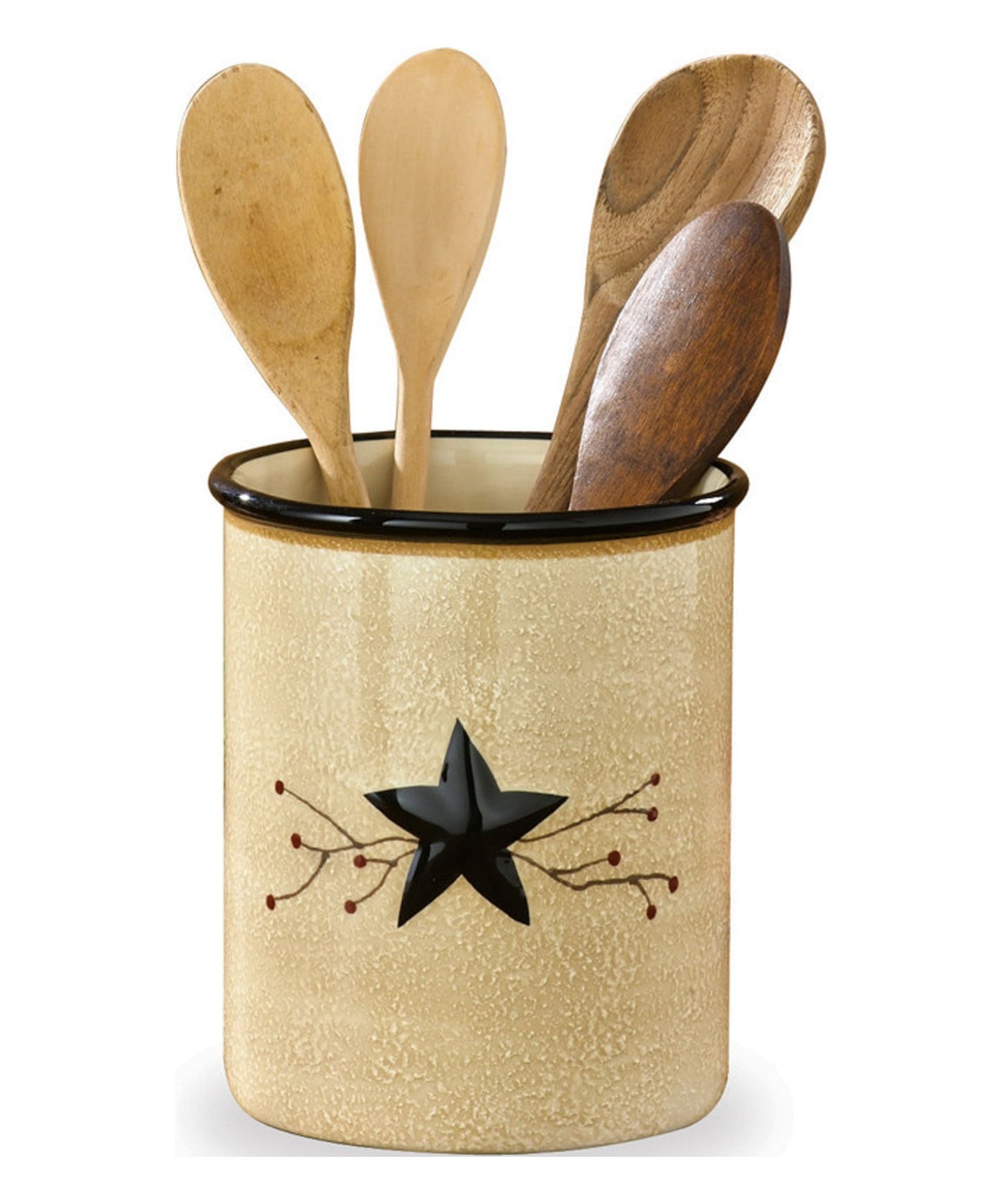 Hand-Painted Beige Ceramic Utensil Crock with Black Star