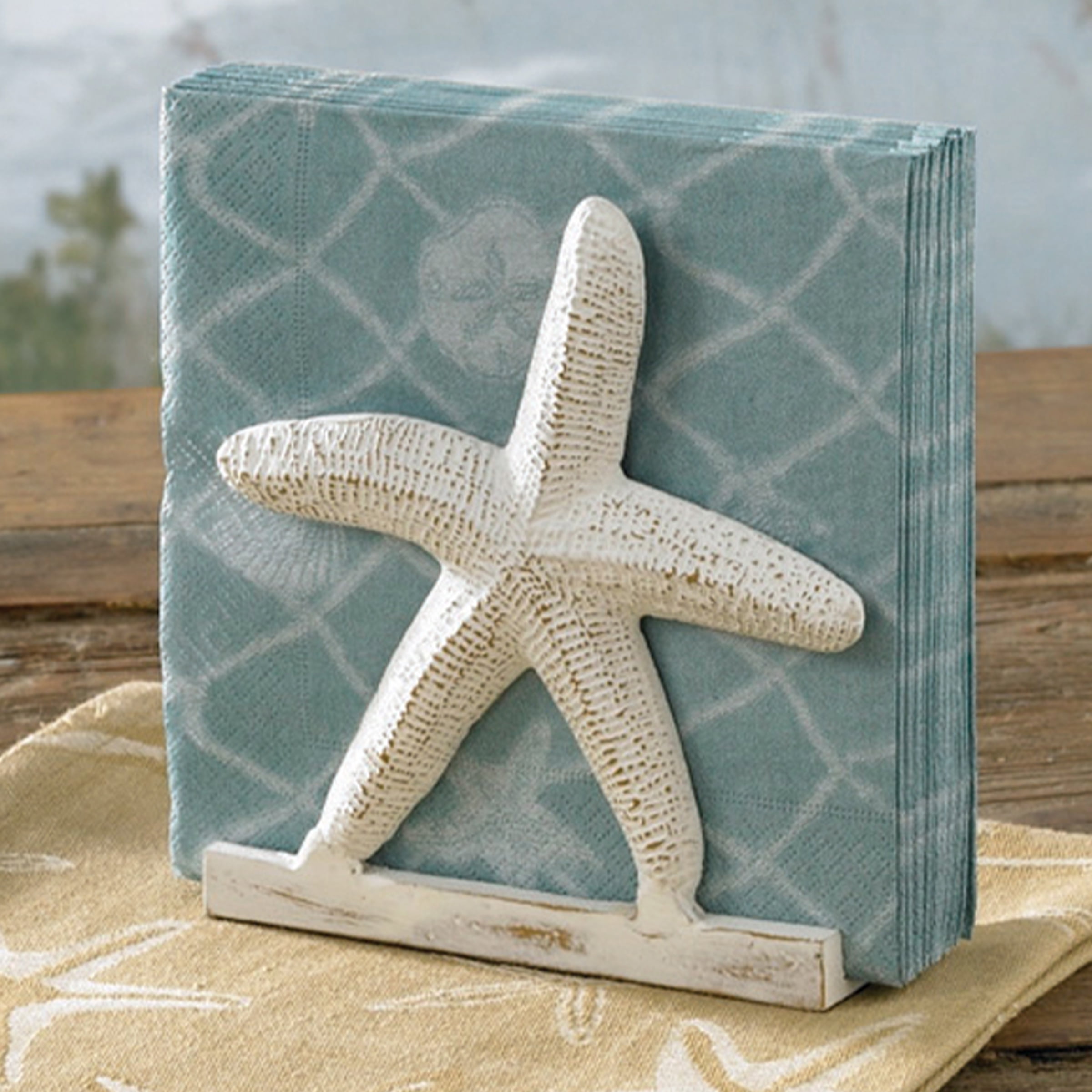 White Distressed Metal Starfish Tabletop Napkin Holder