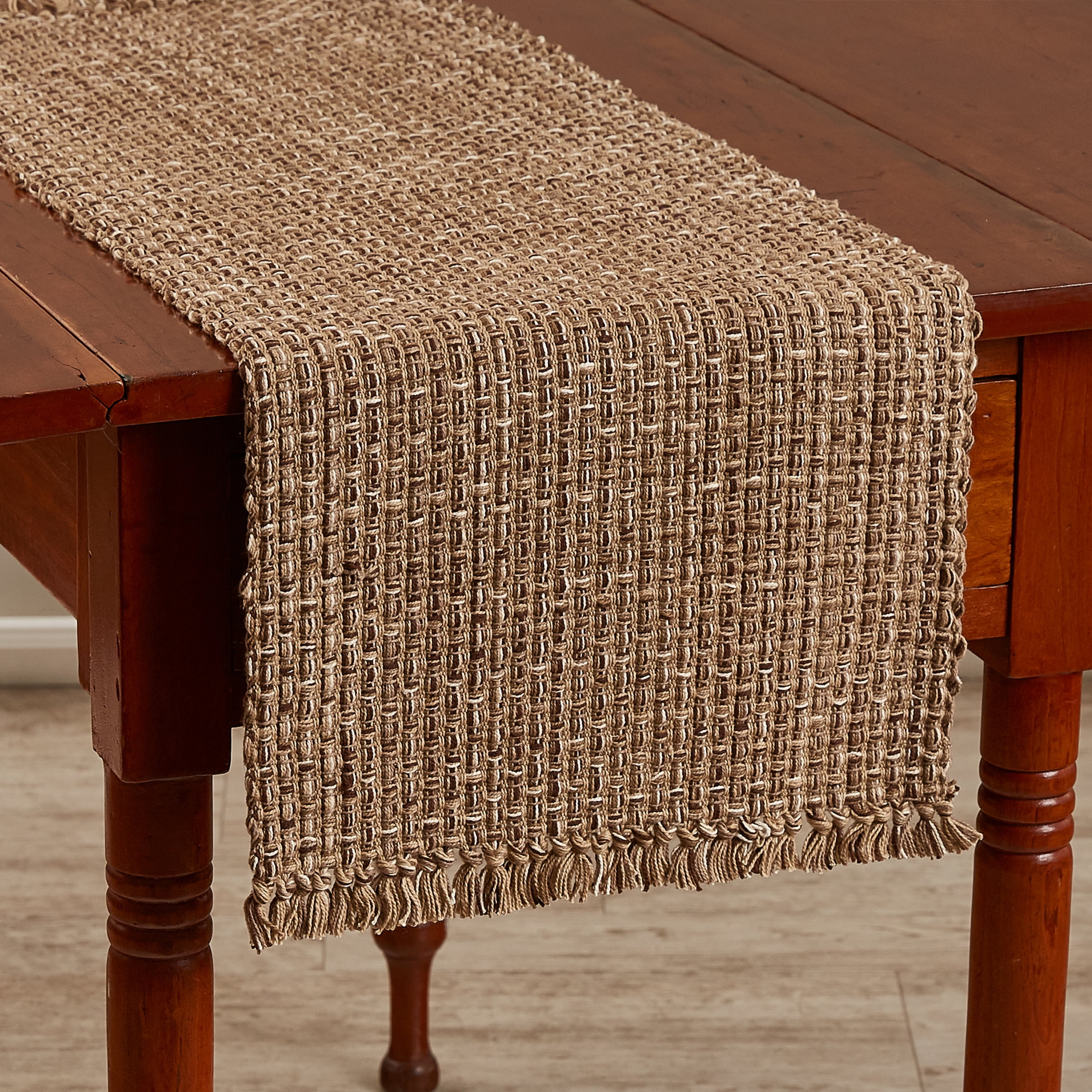 Espresso Tweed Cotton Table Runner with Fringe 54''