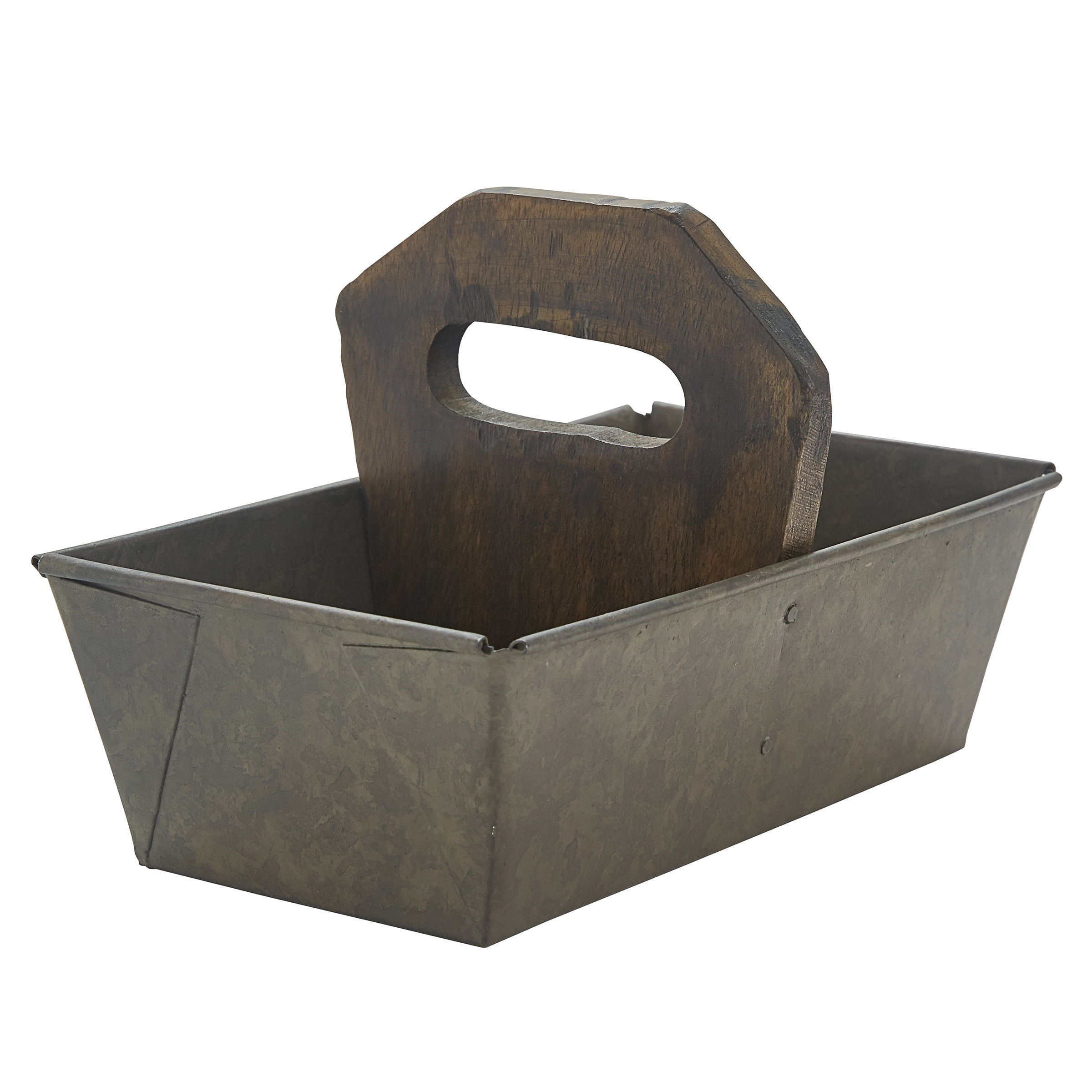 Vintage Gray Metal Utility Caddy with Wood Handle