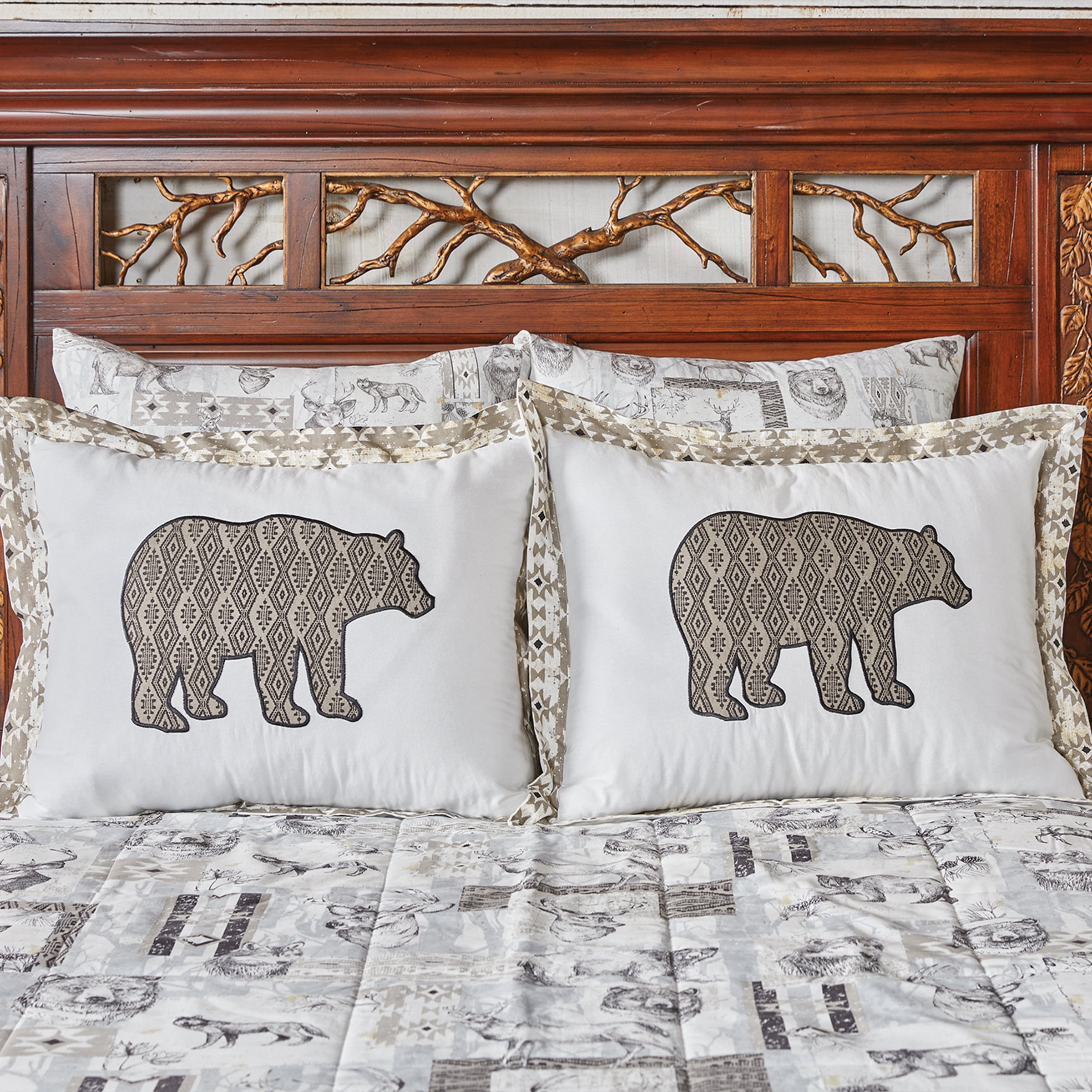 Rustic White and Beige Cotton Bear Print Standard Sham