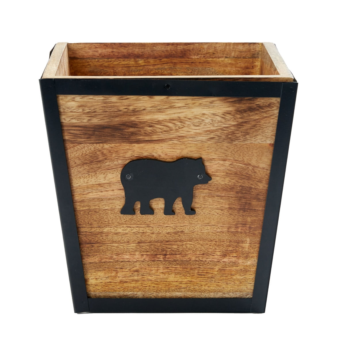 Rustic Brown and Black Wood Bear Waste Basket