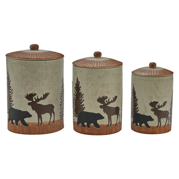 Park Designs Wilderness Trail Brown stoneware canister set with moose, bear, and tree motif, 3-piece