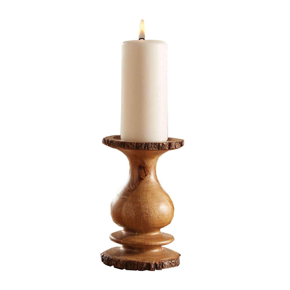 Rustic Mango Wood Pillar Candle Holder with Bark Edge