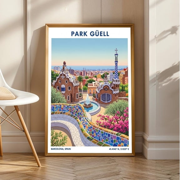 Park Güell Barcelona Art Print: Gaudí Spanish Architecture Poster, Unframed Canvas Size 24x36