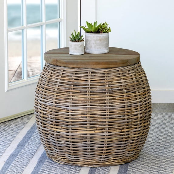 Park Hill Collection EFT16008 Rattan Side Table with Wood Top, 23.5-inch Length