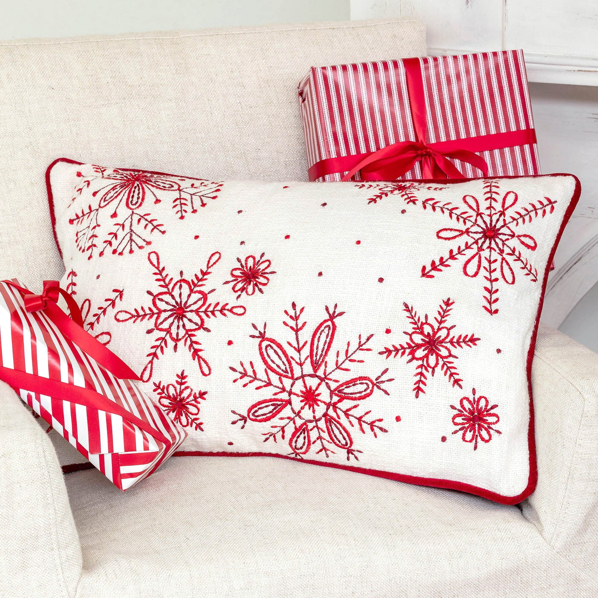 22" Red and White Embroidered Cotton Snowflake Pillow