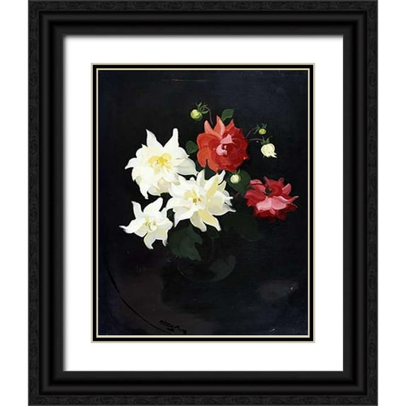 Park, James Stuart 26x32 Black Ornate Wood Framed with Double Matting Museum Art Print Titled - Red and White Dahlias