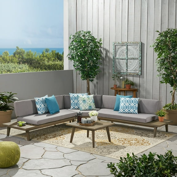 Park Outdoor V Shaped 4 Piece Finished Acacia Wood Sectional Sofa Set with Cushions, Grey