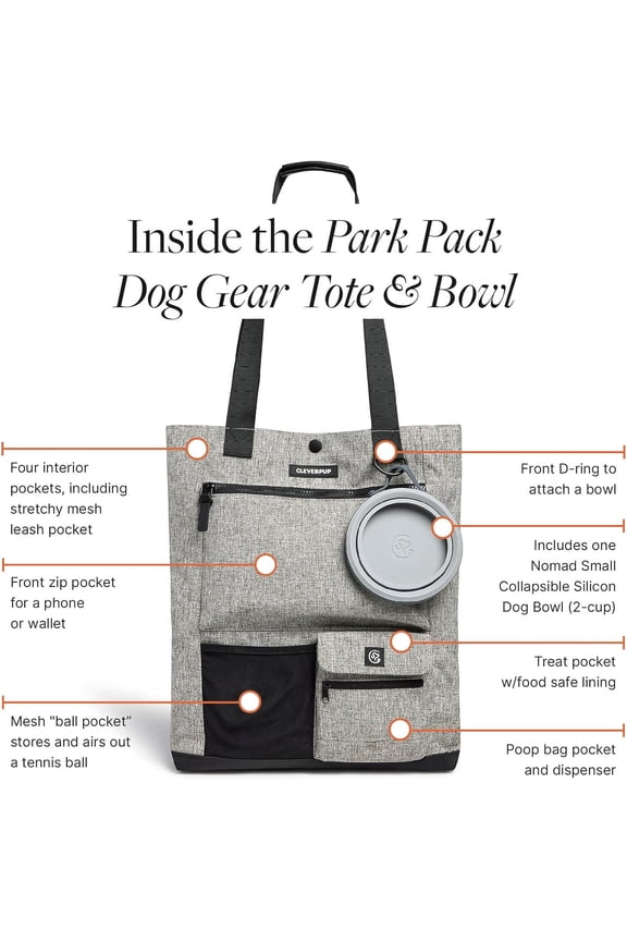 Park Pack 2-Piece Set Dog Gear Tote – Dog Travel Bag with 8 Pockets, Treat Pouch, Poop Bag Dispenser, Quick-Dry Ball Pocket, Collapsible Bowl, Perfect for Walks & Park Trips, Heather Grey