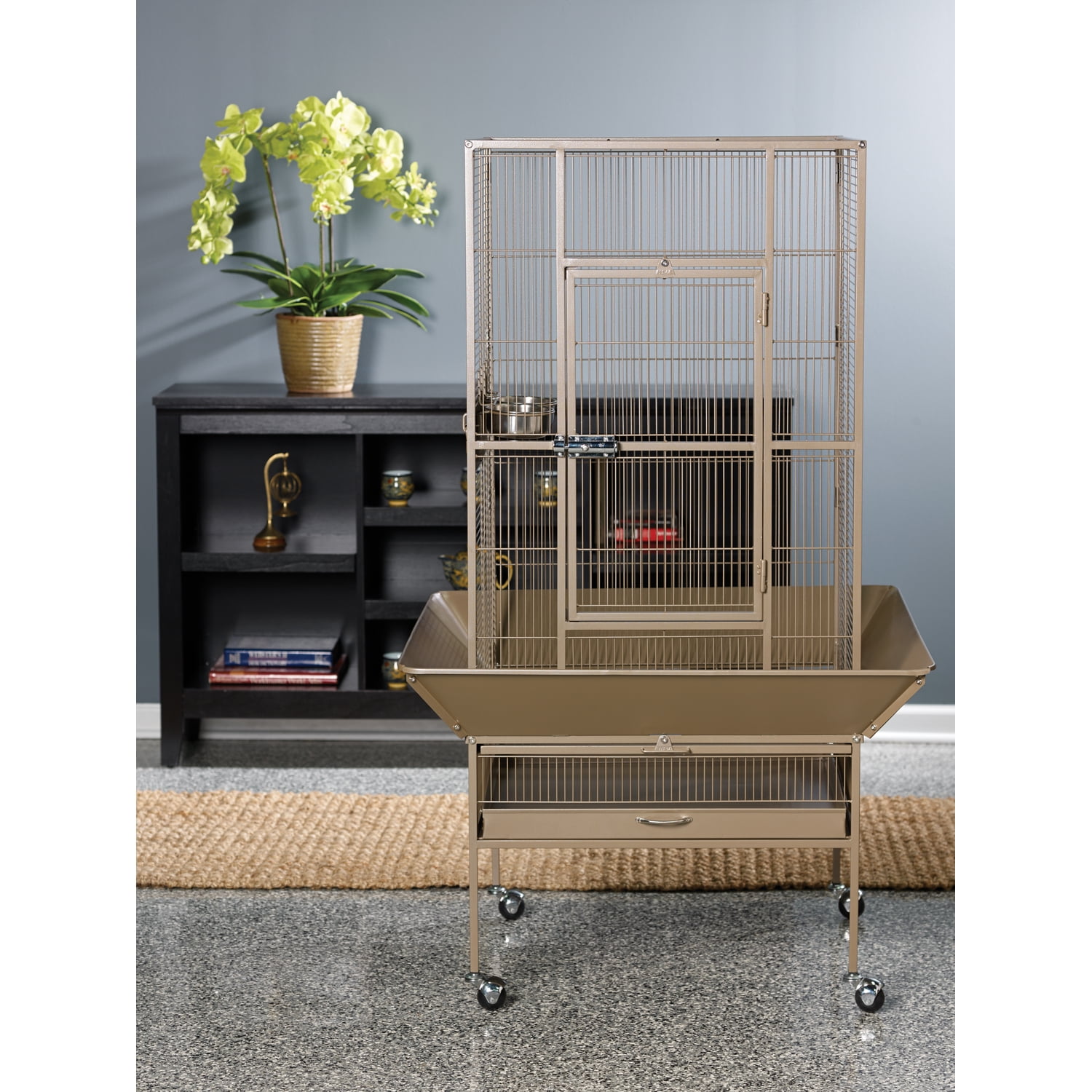 Large Coco Brown Powder-Coated Steel Bird Cage with Stand