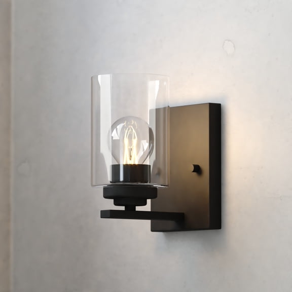 Park Ridge 1-Light 4.75 in. Wide Matte Black Transitional Bathroom Vanity Lighting Fixture, Clear Cylinder Glass Shade, Dimmable, LED Compatible, Over the Mirror Mounted Steel Wall Sconce