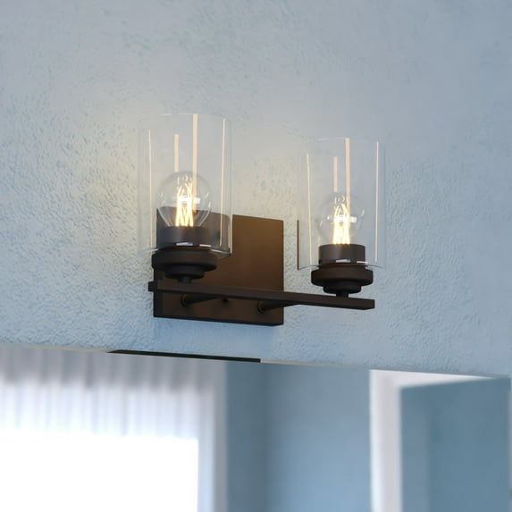 Park Ridge 2-Light 13 in. Wide Matte Black Transitional Bathroom Vanity Lighting Fixture, Clear Cylinder Glass Shade, Dimmable, LED Compatible, Over the Mirror Mounted Steel Wall Sconce