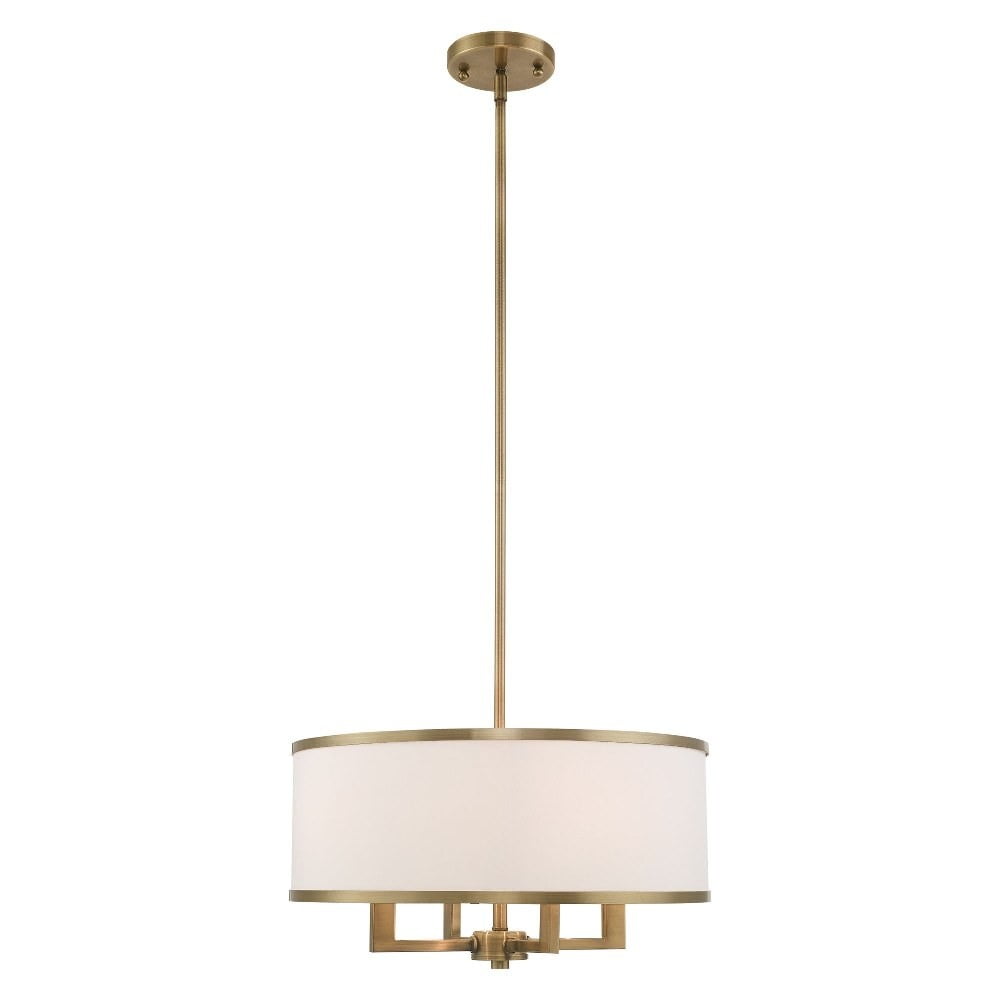 Mini Drum 4-Light Chandelier in Antique Brass with Off-White Shade