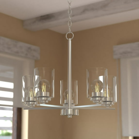 Park Ridge 5-Light 21 in. Wide Satin Nickel Round Chandelier, Clear Glass Shade, LED Compatible, Adjustable Height, Hanging Ceiling Pendant Fixture for Dining Table Kitchen Entry Bedroom Island Foyer