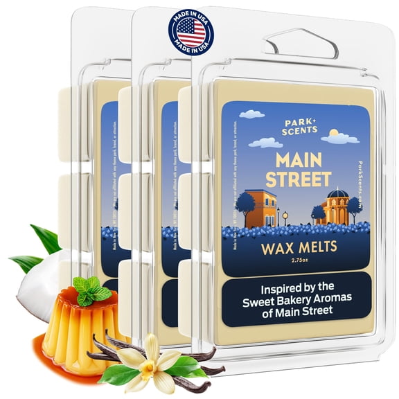 Park Scents Main Street Scented Candle Wax Melts  Theme Park Melting Wax Cubes with Strong Scent of Caramelized Sugar, Coconut, Custard, Rum, Vanilla, Maple  Vegan Soy, Made in USA (3, 2.75oz)